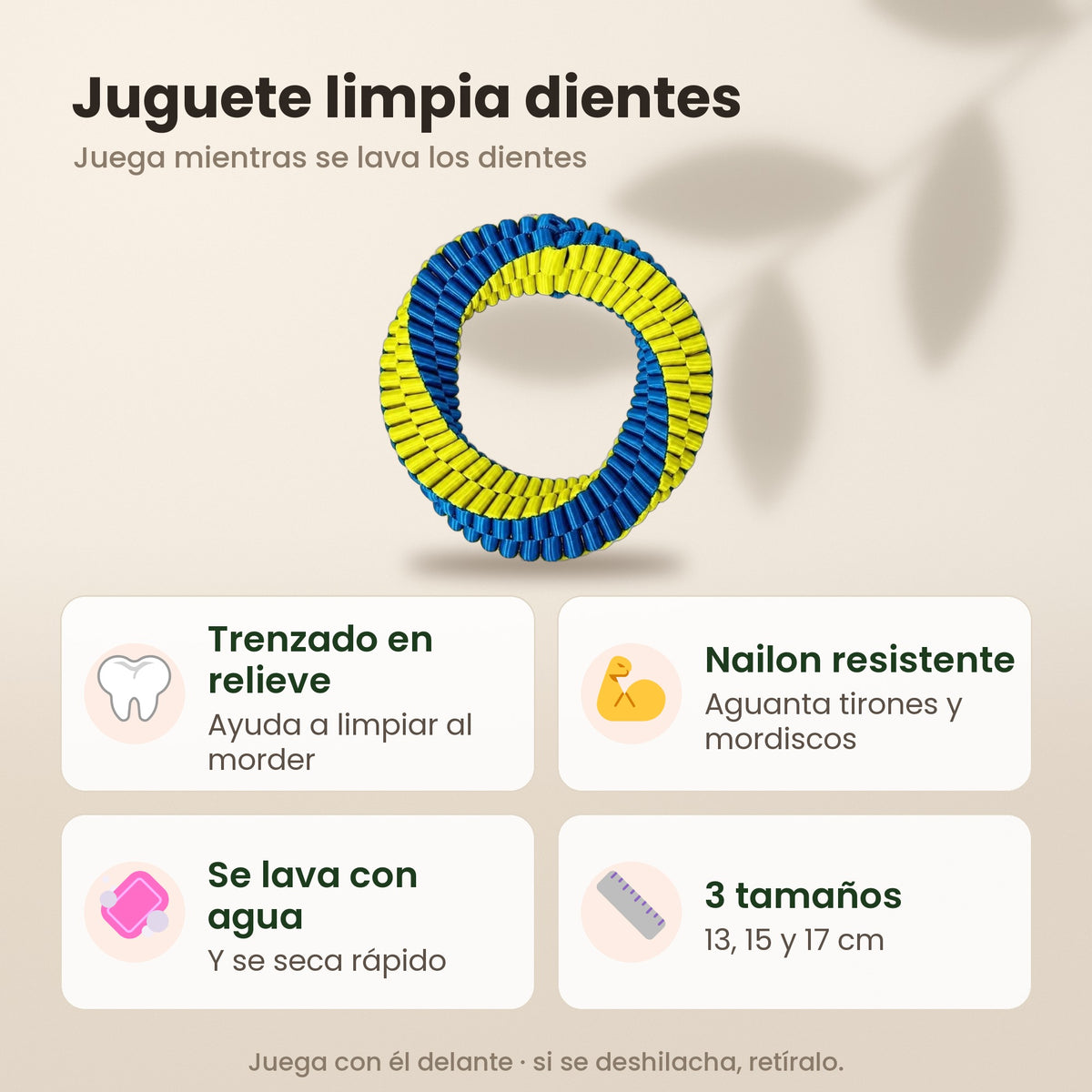 Juguete limpia dientes: trenzado en relieve que ayuda a limpiar al morder, nailon resistente, se lava con agua y 3 tamaños
