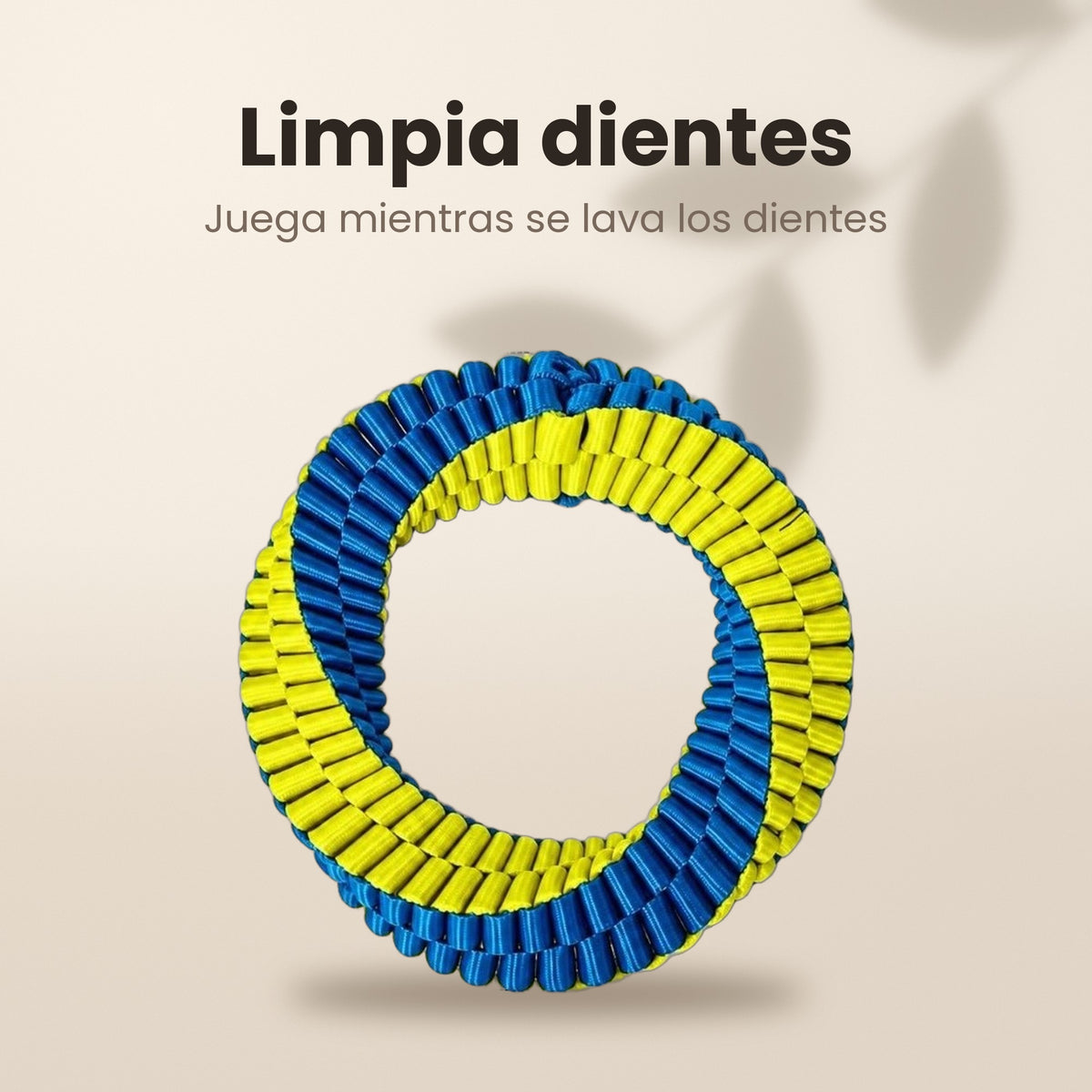 Juguete limpia dientes para perros AMIKART: aro de nailon trenzado azul y amarillo