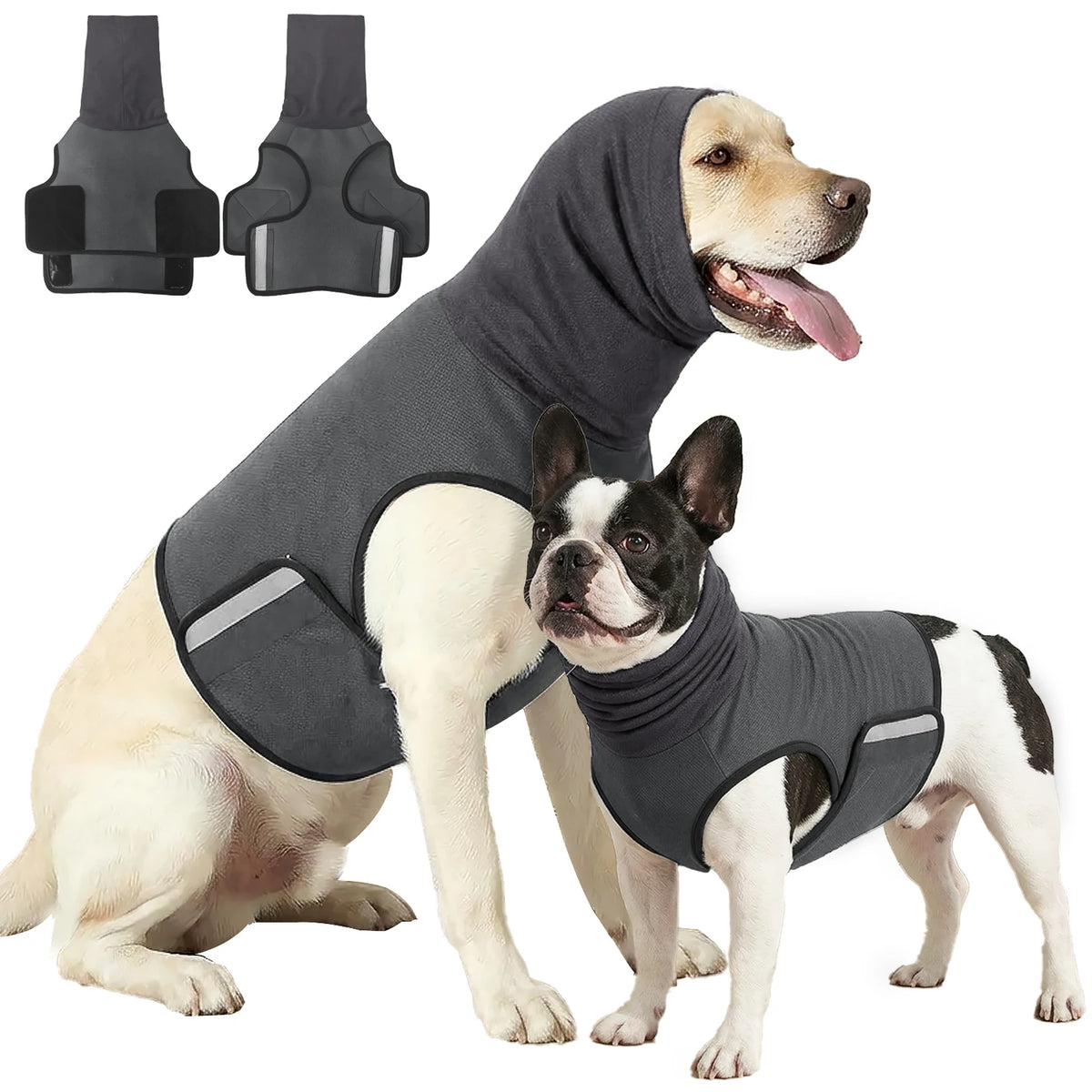 Chaleco antiestrés AMIKART en gris, puesto a un labrador y a un bulldog francés