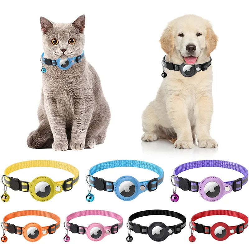 Gato y cachorro con el collar AirTag puesto, junto a los colores disponibles