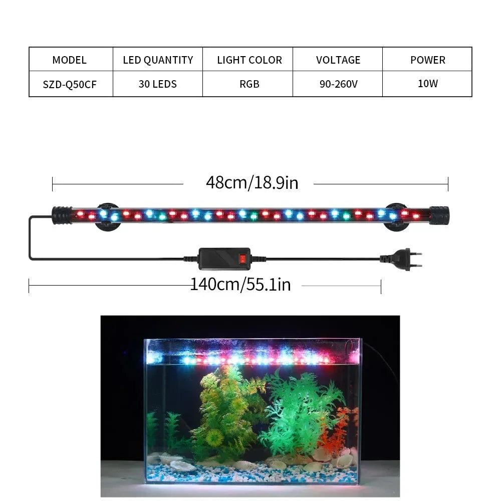 Barra LED de 48 cm con su tabla de características y el acuario encendido