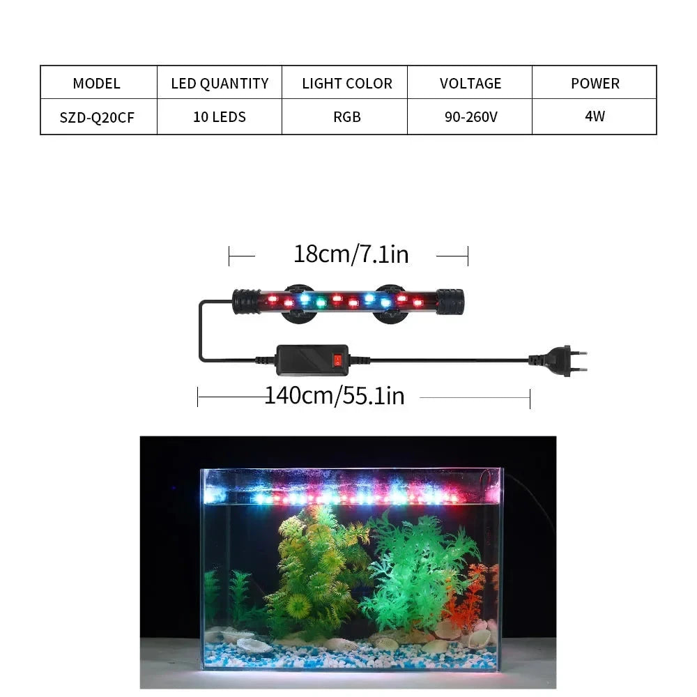 Barra LED RGB de 18 cm con 140 cm de cable, y el acuario iluminado