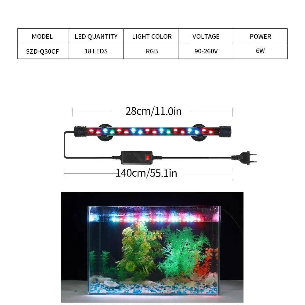 Barra LED de 28 cm con su tabla de características y el acuario encendido