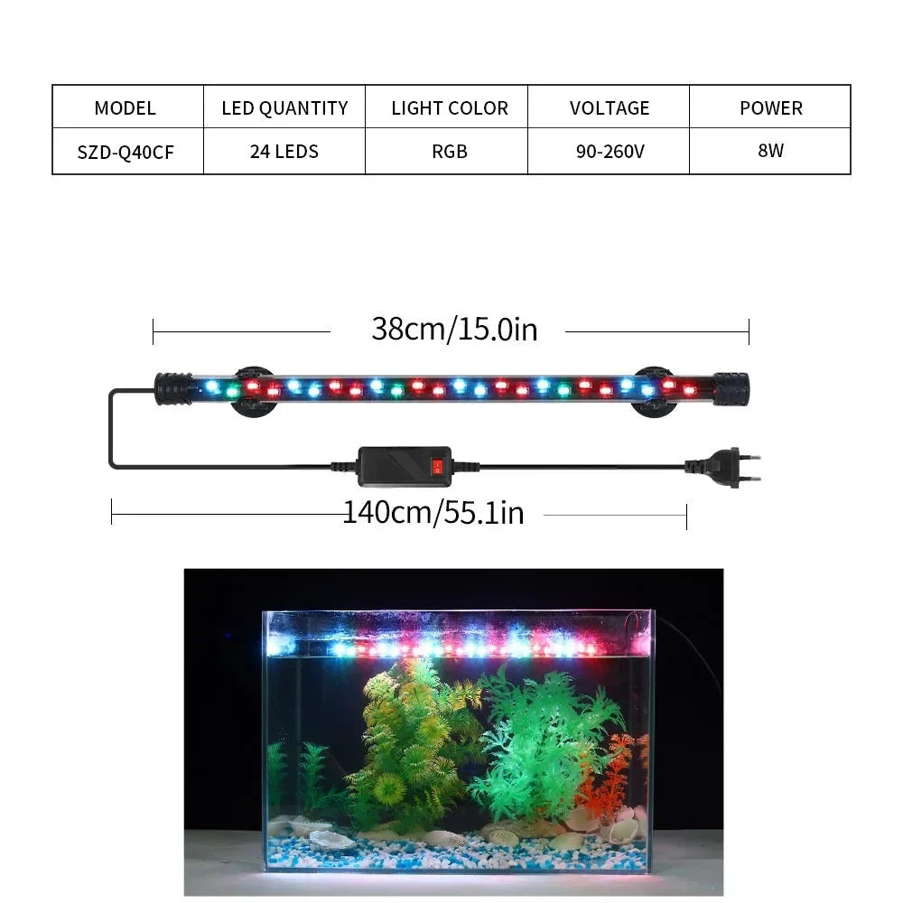 Barra LED de 38 cm con su tabla de características y el acuario encendido