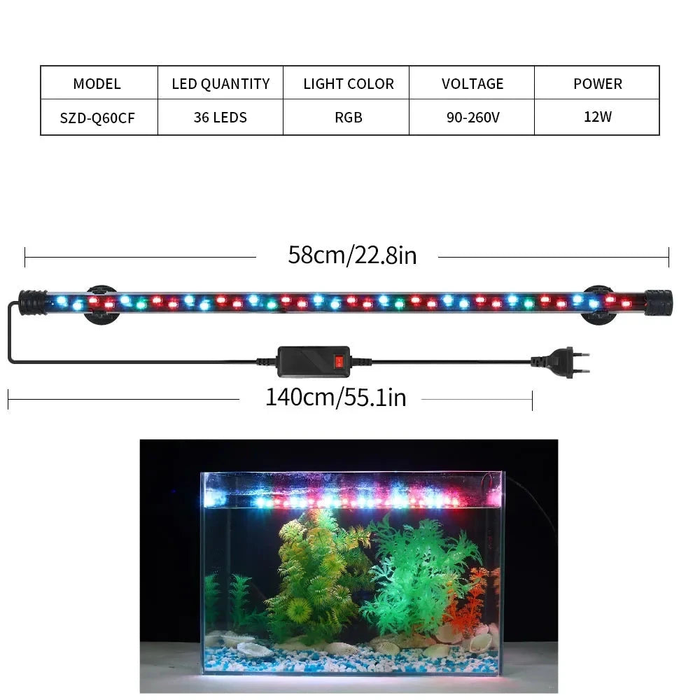 Barra LED de 58 cm con su tabla de características y el acuario encendido