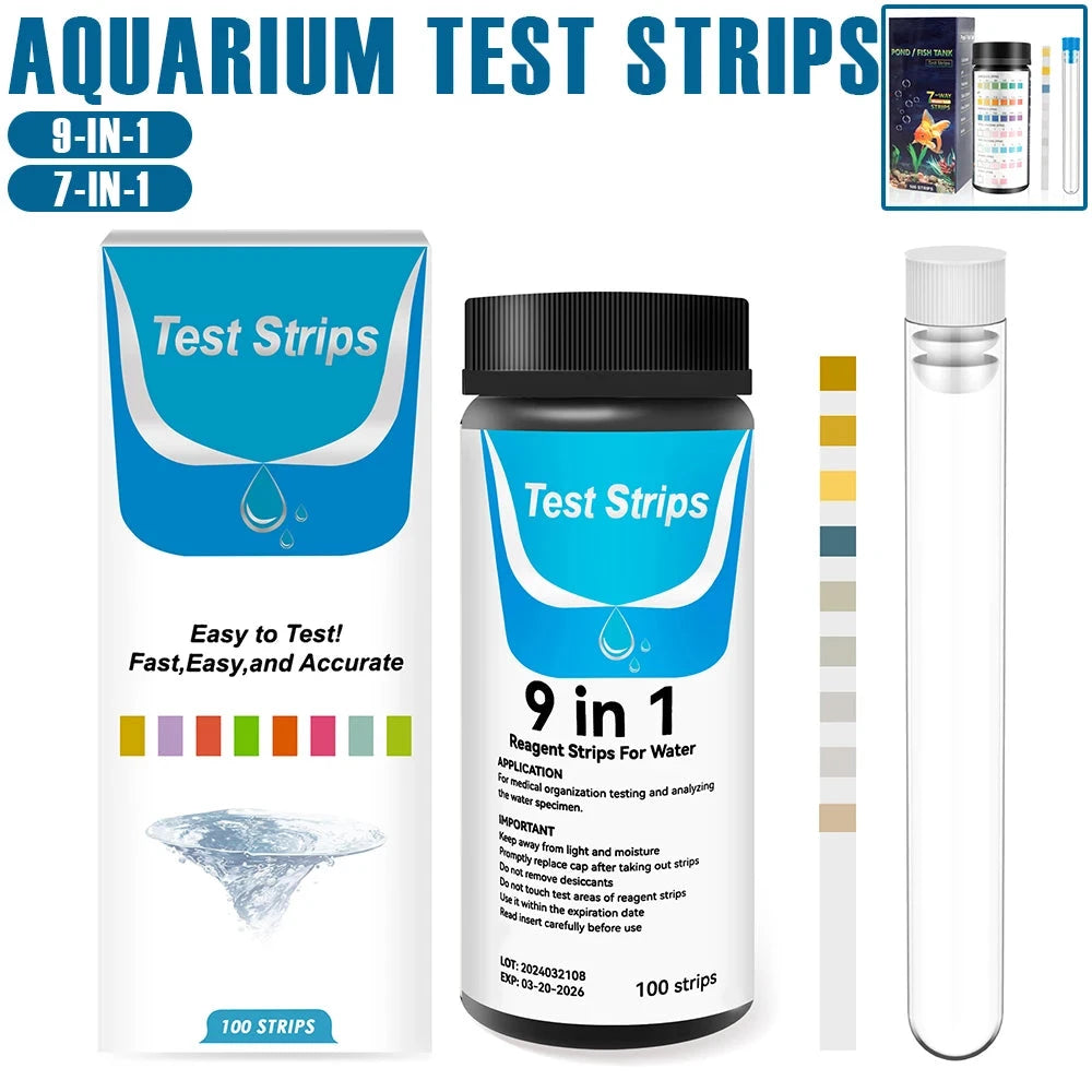 Tiras de análisis para acuario con el bote y el tubo de prueba