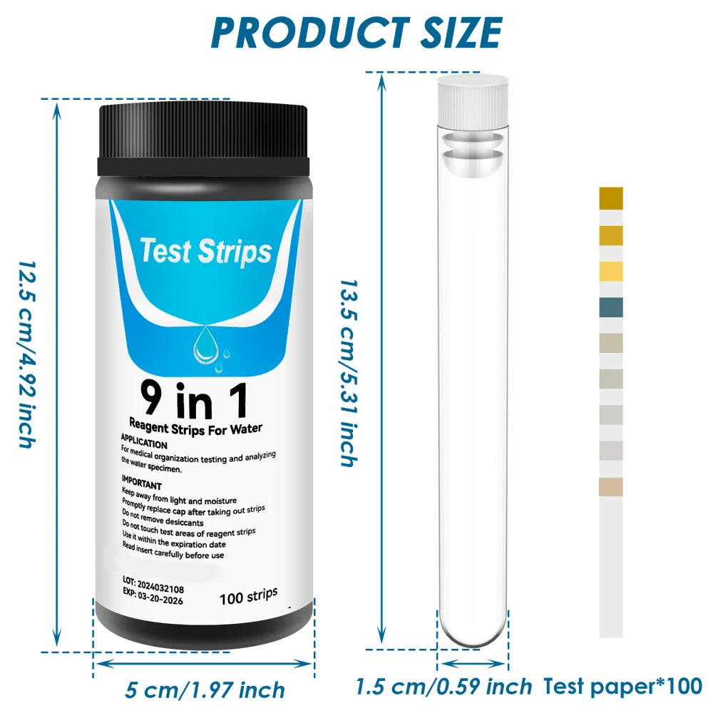 Medidas del bote y del tubo de prueba del kit de análisis