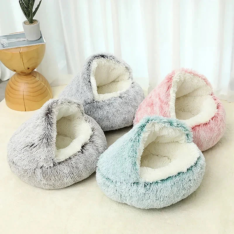 Las tres camas cueva de peluche en gris, azul y rosa