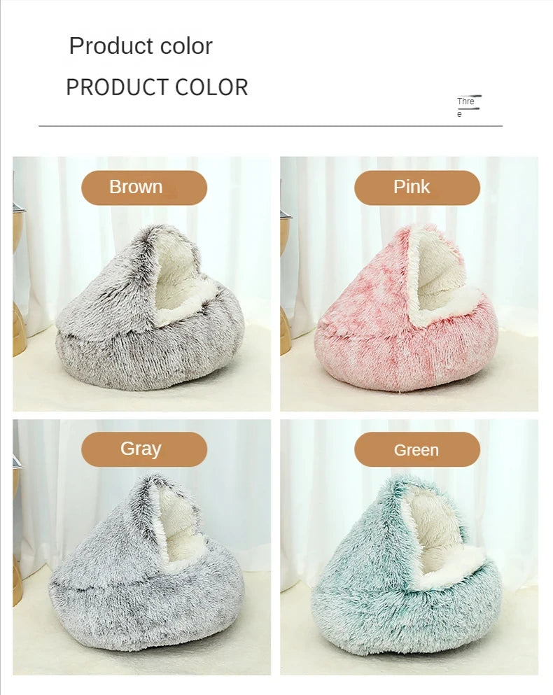 Los cuatro colores de la cama cueva de peluche: marrón, rosa, gris y verde
