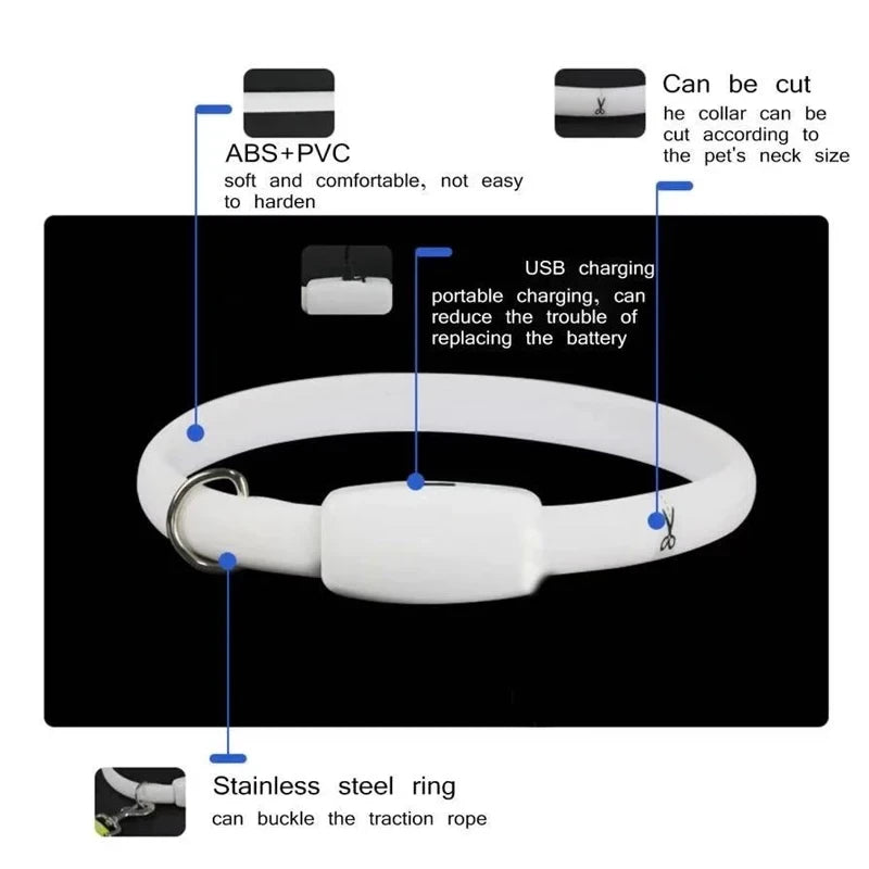 Detalles del collar: material ABS y PVC, se corta a medida, carga USB y anilla de acero inoxidable