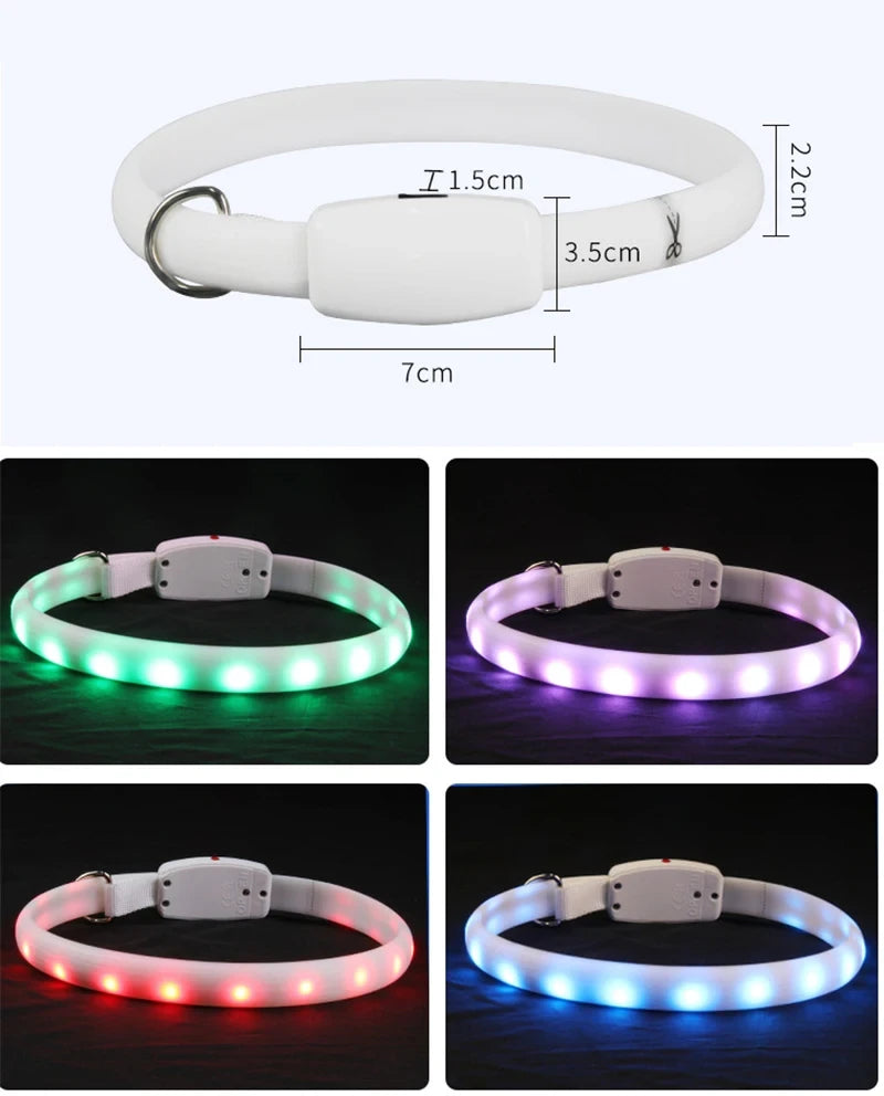 Medidas del collar LED: 70 cm de largo y 2,5 cm de ancho, y sus colores encendidos