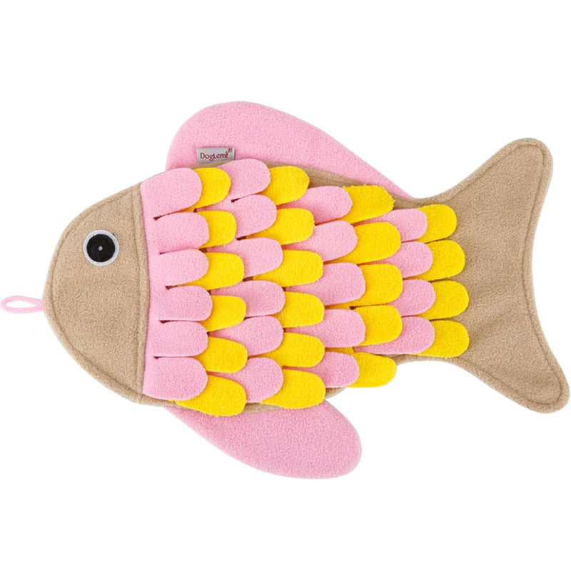Alfombra olfativa con forma de pez, en rosa y amarillo