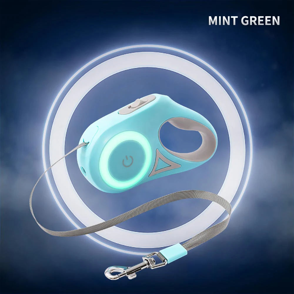 Correa retráctil en verde menta con el anillo luminoso encendido