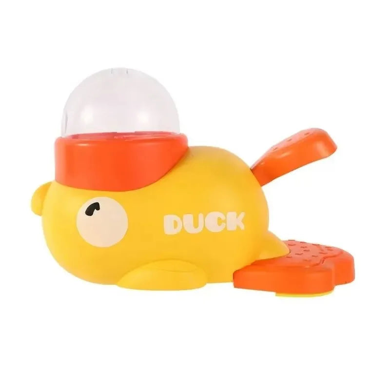 Comedero interactivo con forma de pato amarillo sobre fondo blanco