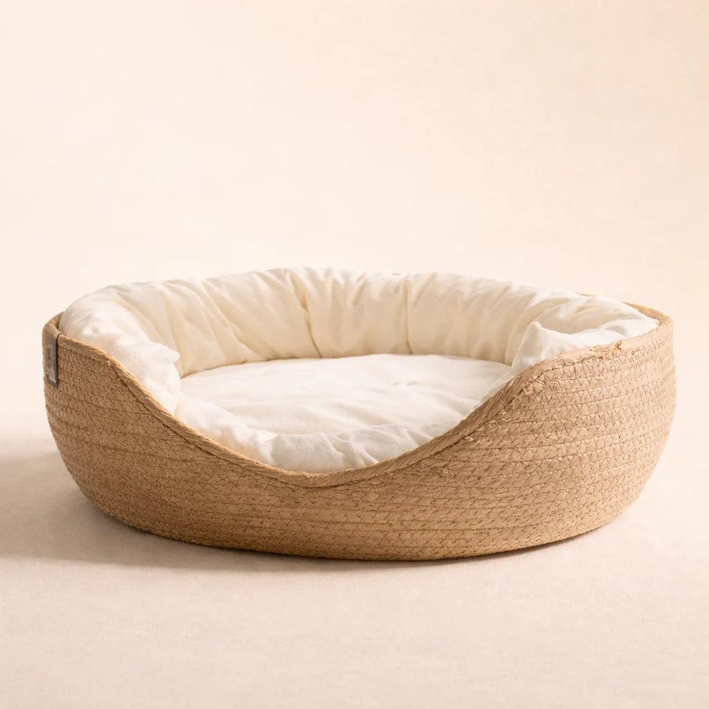 Cama cesta de cuerda tejida con cojín blanco extraíble