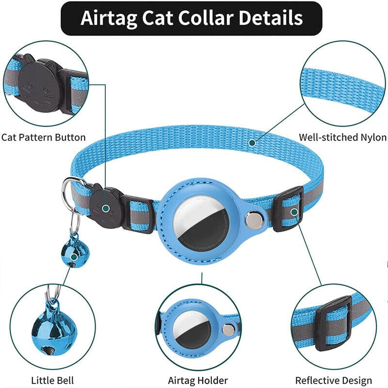 Esquema del collar con AirTag: botón de ajuste, campanilla, soporte del AirTag y costura reflectante