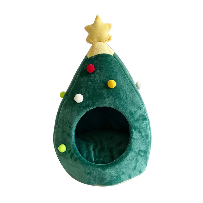 Cama cueva con forma de árbol de Navidad para gatos, verde con bolas de colores