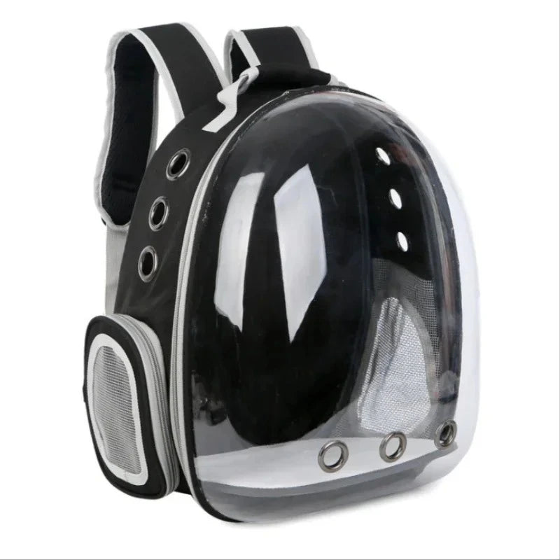 Mochila cápsula transparente AMIKART para gatos, en negro, con la burbuja frontal