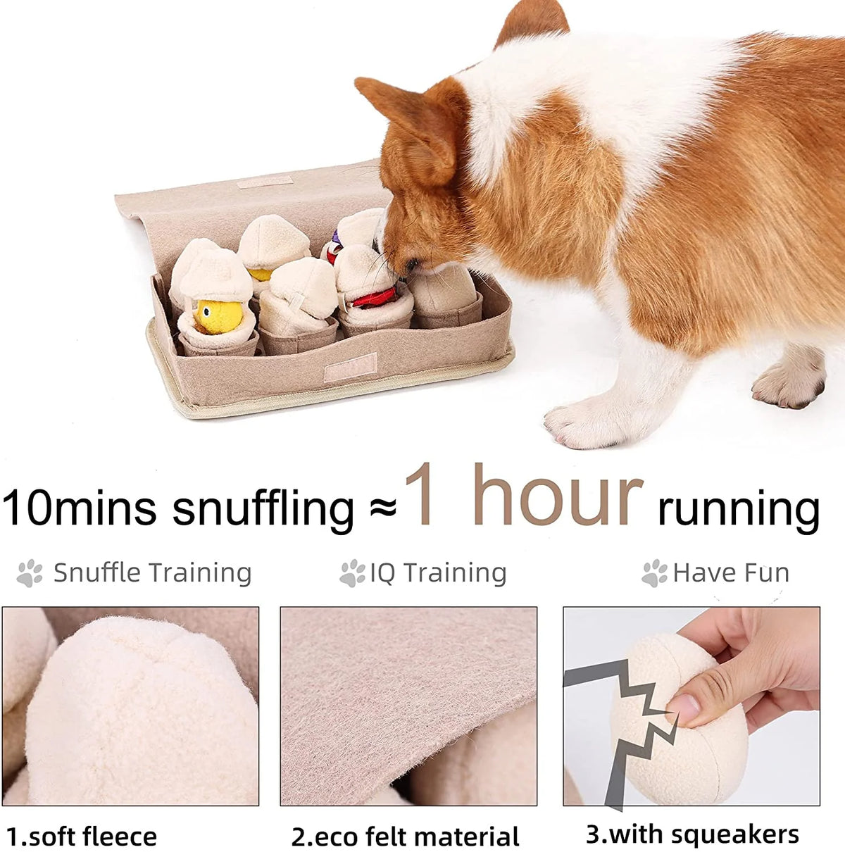 Los doce huevos de peluche y la base de fieltro de la alfombra olfativa