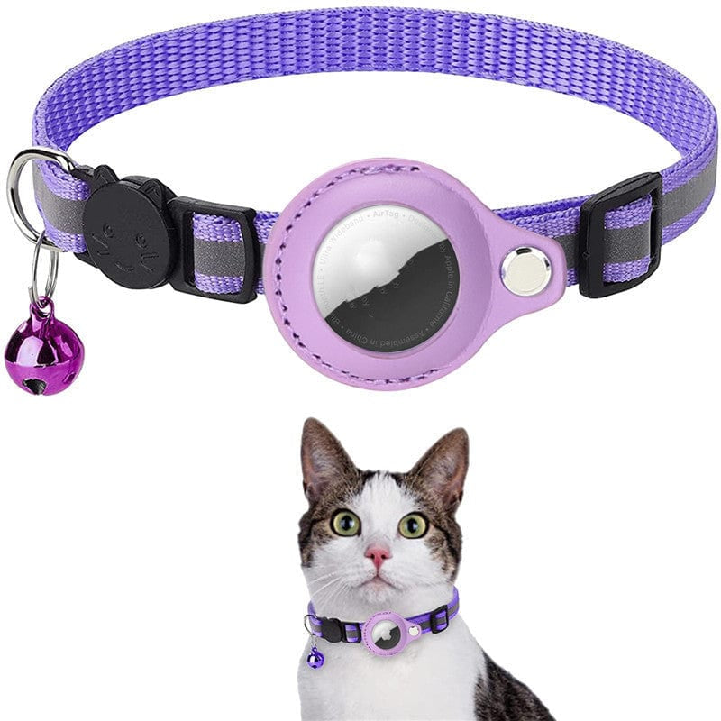 Collar morado para gatos con soporte AirTag y banda reflectante