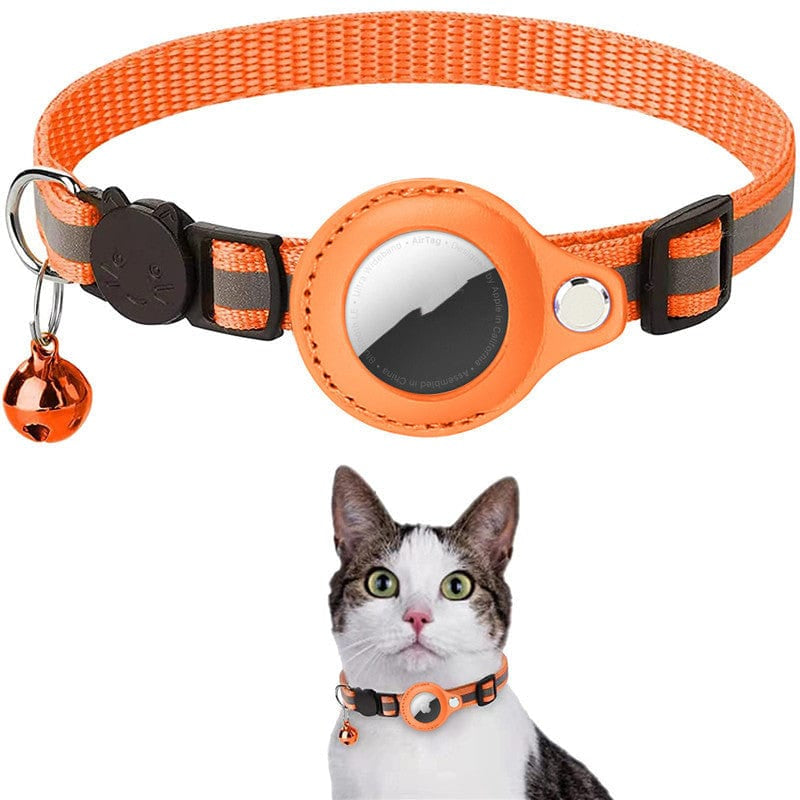 Collar naranja para gatos con soporte AirTag y campanilla