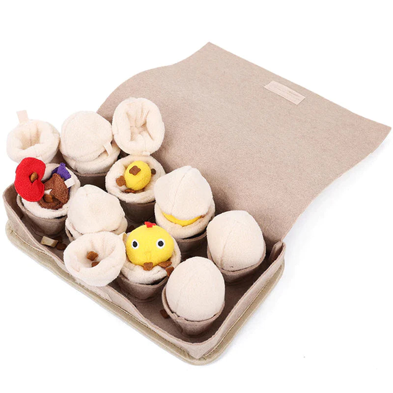 La huevera de fieltro de la alfombra olfativa con los doce huevos de peluche colocados