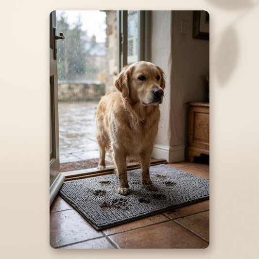 Golden retriever con las patas mojadas sobre la alfombra absorbente AMIKART