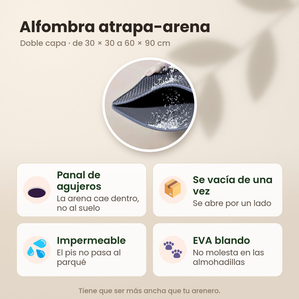 Alfombra atrapa-arena: panal de agujeros, se vacía de una vez, impermeable y de EVA blando