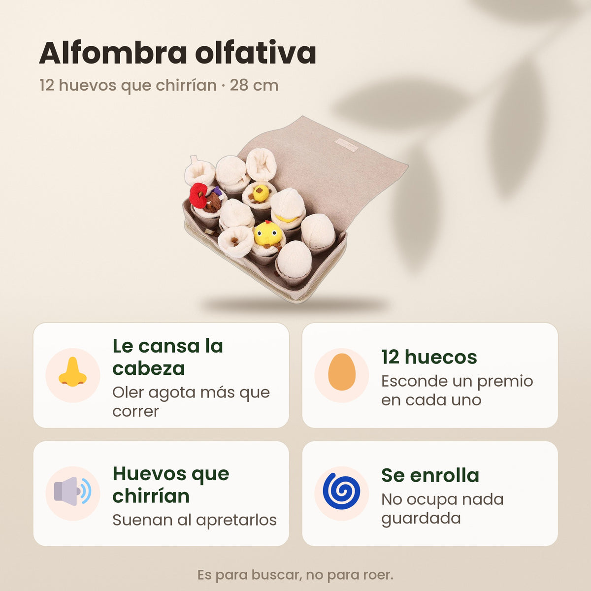 Alfombra olfativa: 12 huecos para esconder premios, huevos que chirrían y se enrolla para guardarla