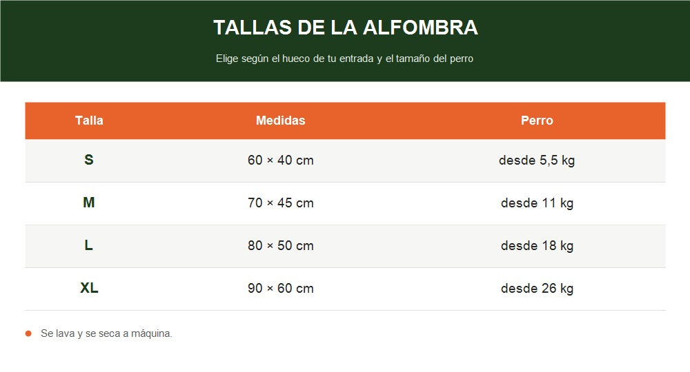 Tabla de tallas de la alfombra en centímetros: S 60x40, M 70x45, L 80x50 y XL 90x60 cm