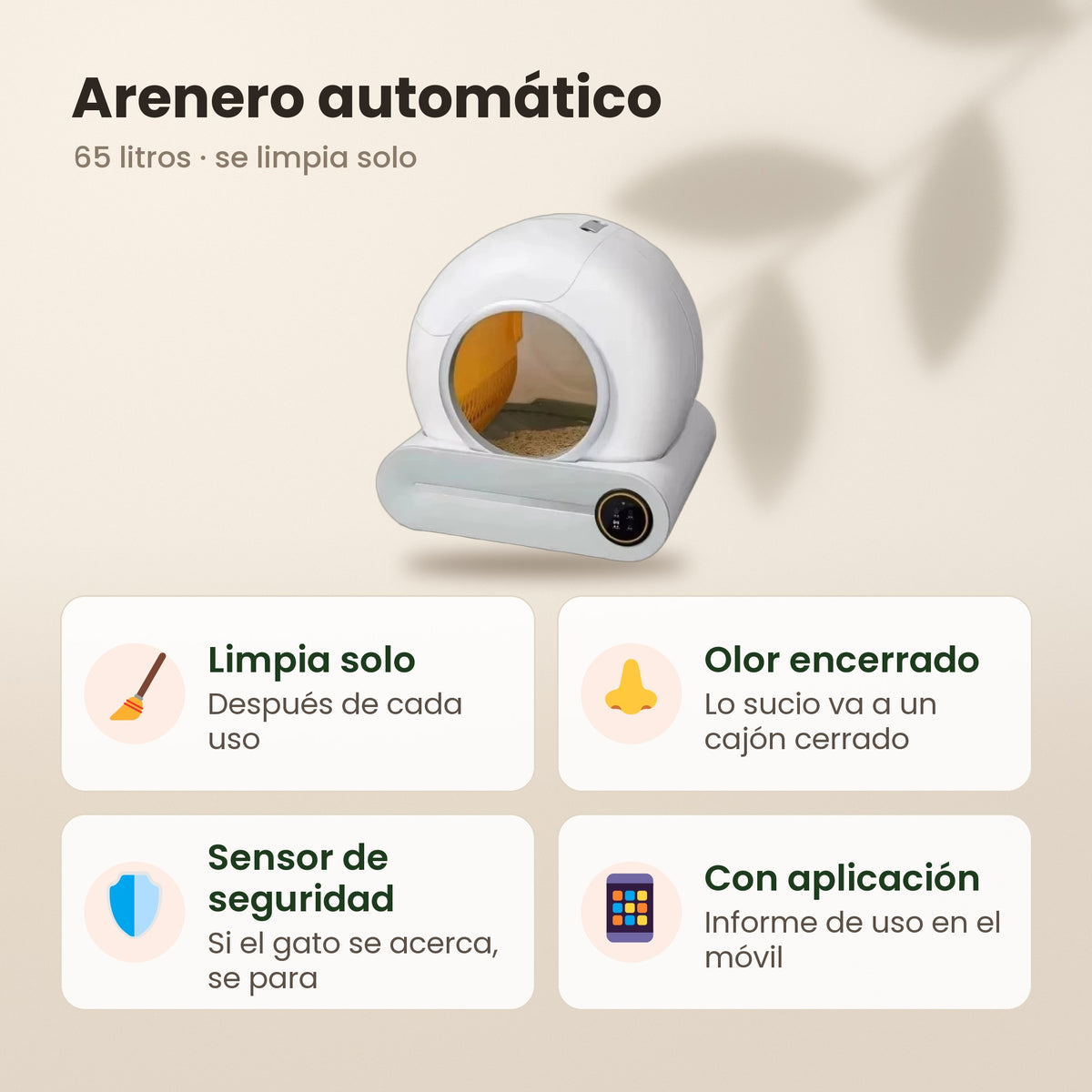 Arenero automático 65 L: limpia solo, olor encerrado, sensor de seguridad y aplicación