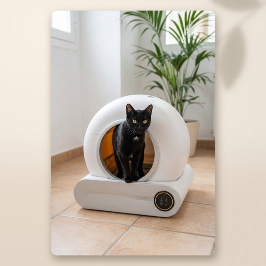 Gato negro entrando en el arenero automático AMIKART