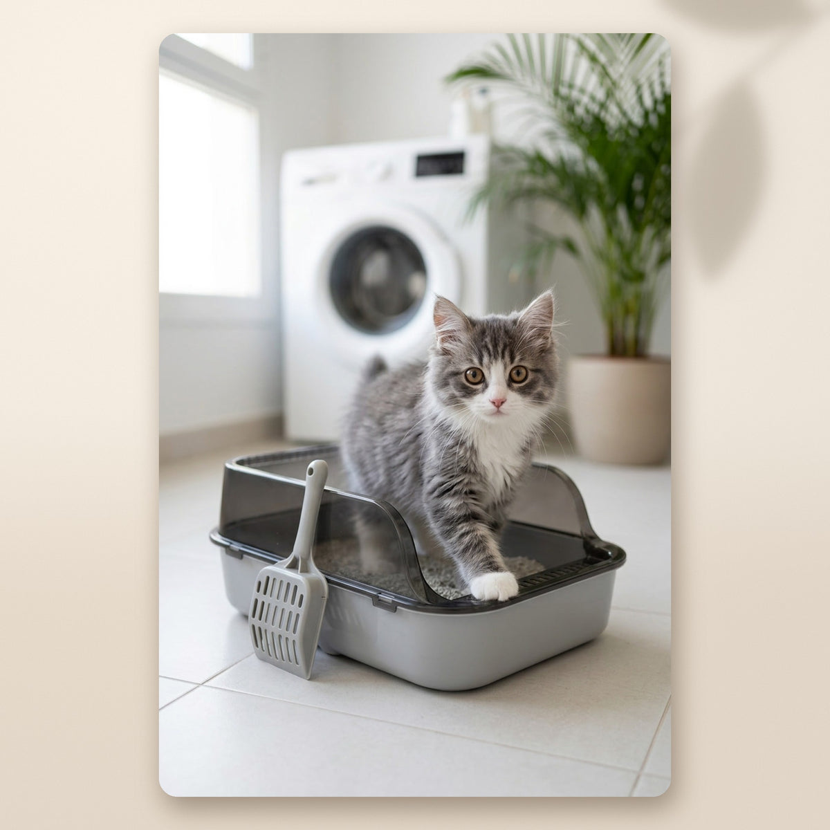 Gatito gris saliendo del arenero semicerrado con pala AMIKART
