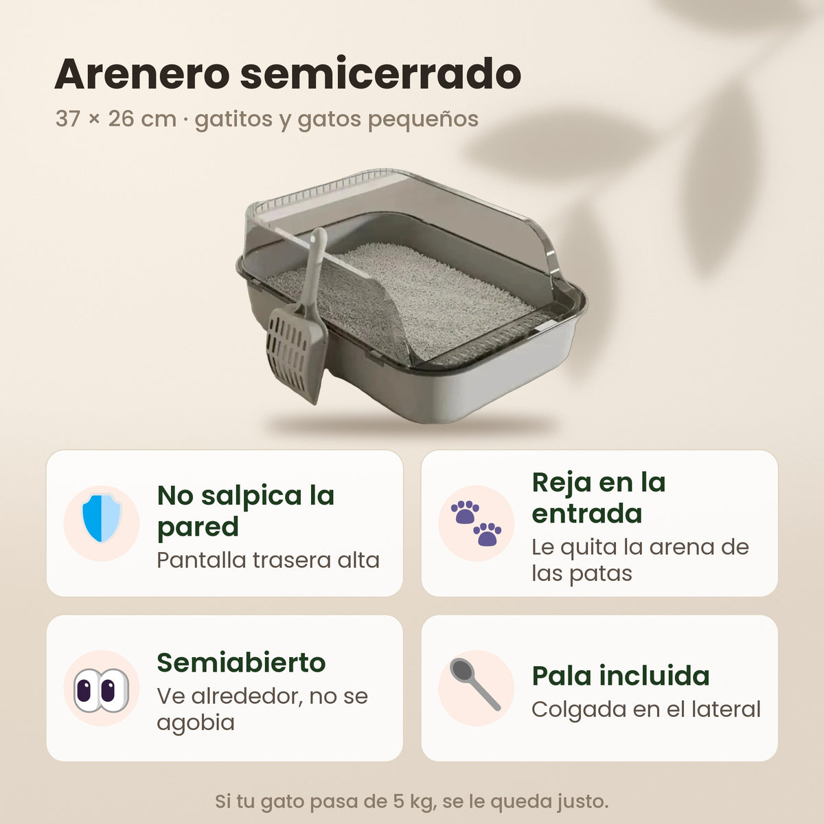 Arenero semicerrado 37 × 26 cm: no salpica la pared, reja en la entrada, semiabierto y pala incluida
