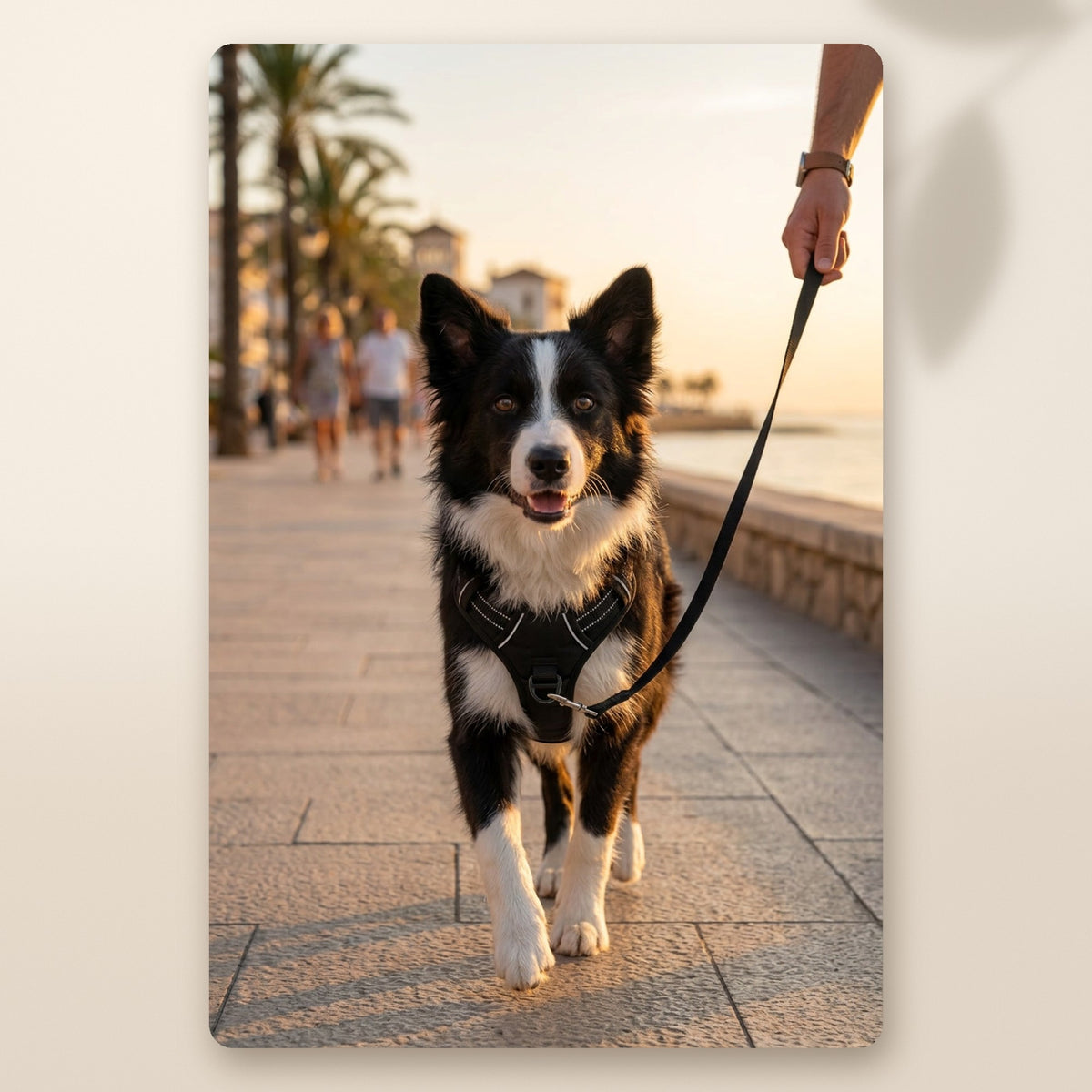 Border collie paseando por el paseo marítimo con el arnés antitirón negro y la correa en el enganche delantero