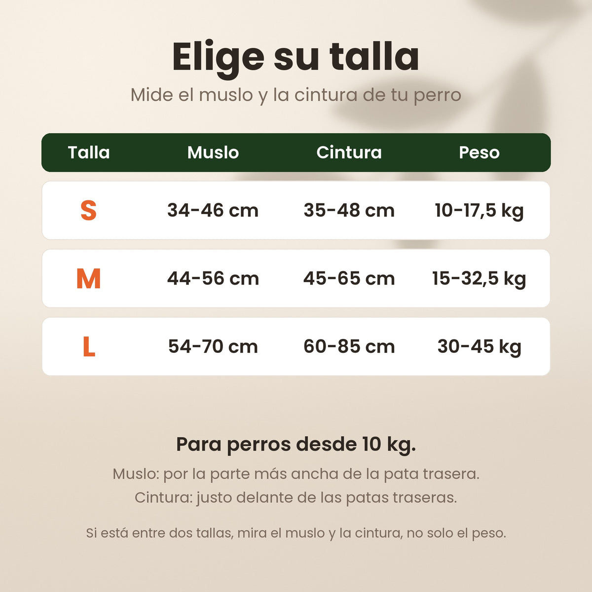 Tabla de tallas del arnés de elevación: S, M y L según muslo, cintura y peso