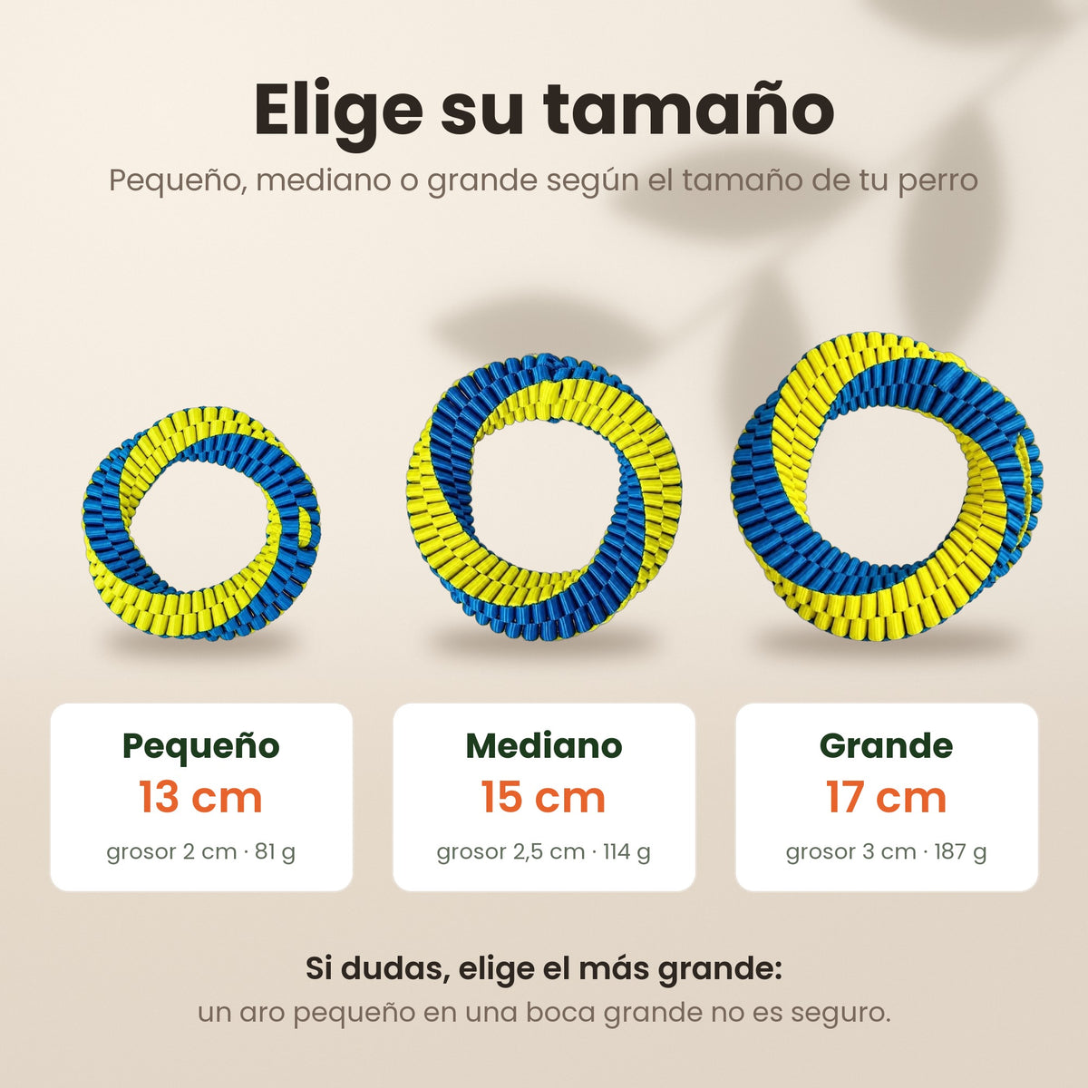 Tamaños del aro limpia dientes: pequeño 13 cm, mediano 15 cm y grande 17 cm