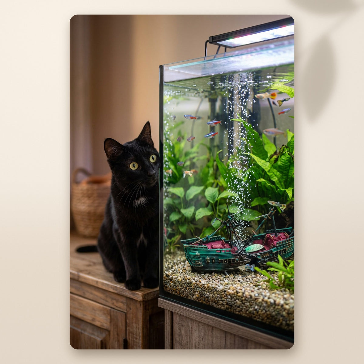 Gato negro mirando el barco hundido con burbujas en el acuario AMIKART