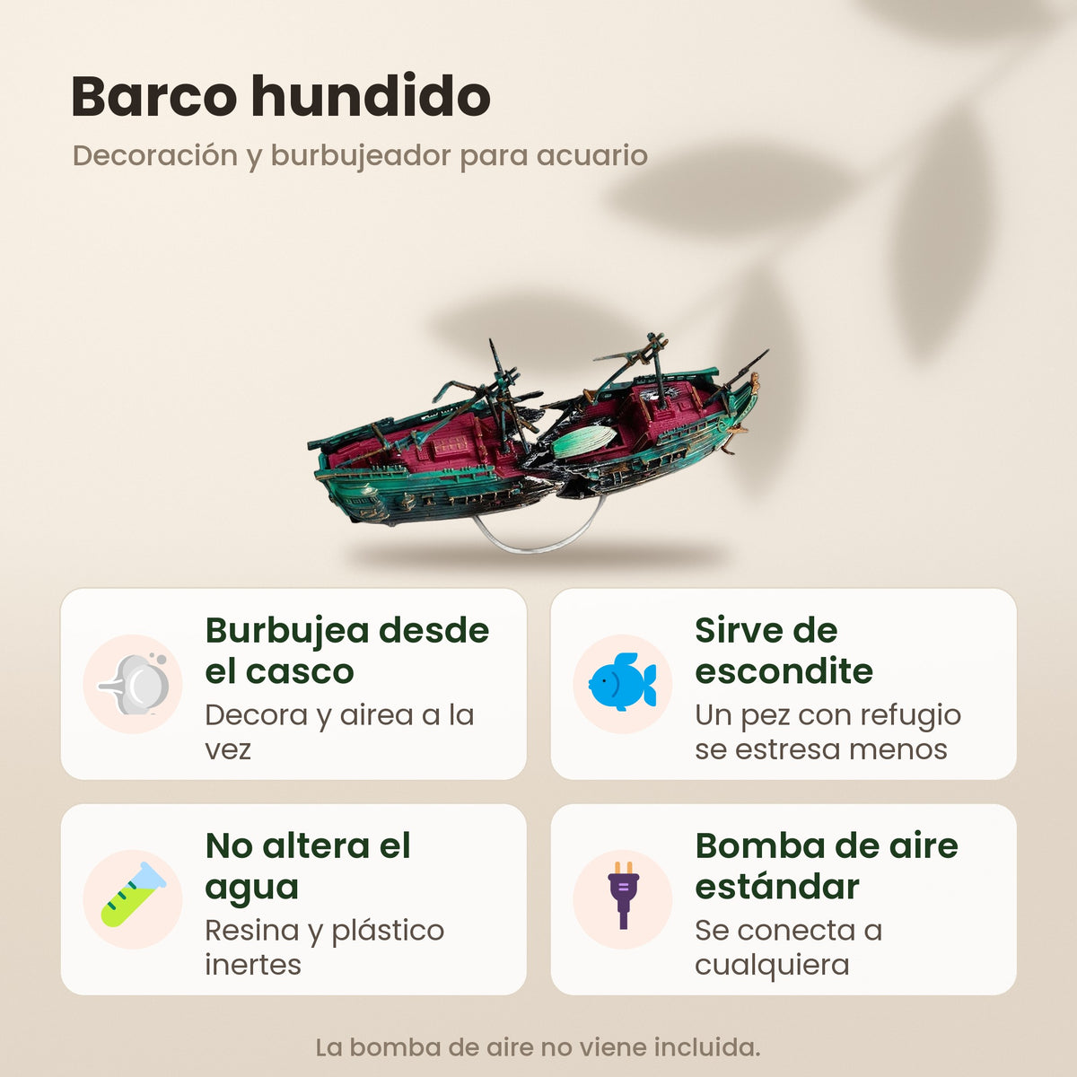 Barco hundido para acuario: burbujea desde el casco, sirve de escondite, no altera el agua y se conecta a cualquier bomba de aire estándar