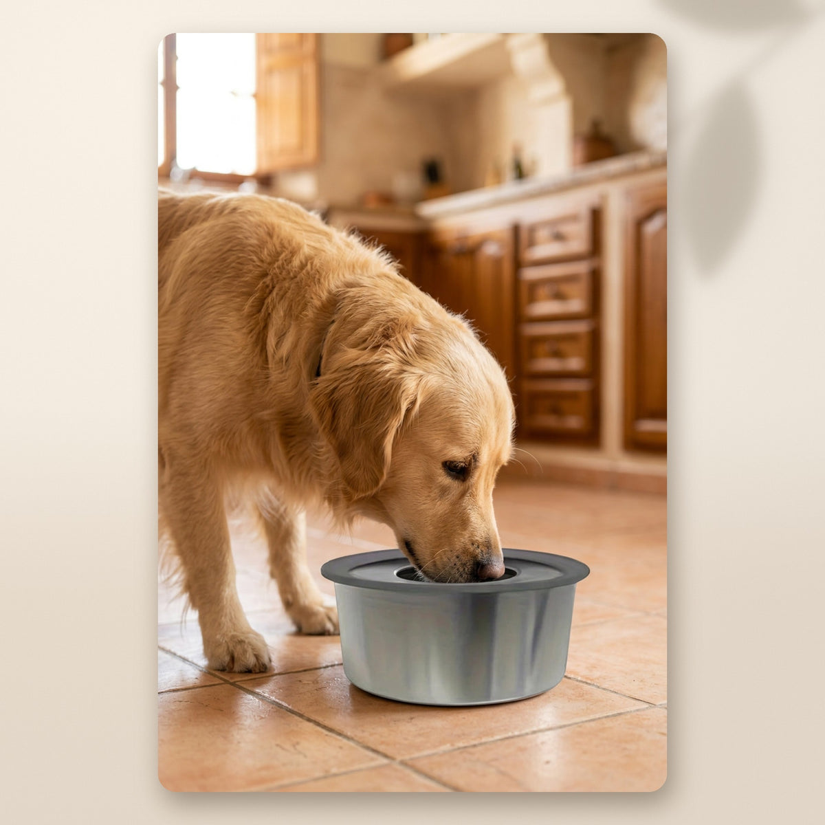 Golden retriever bebiendo del bebedero antiderrame con disco flotante AMIKART