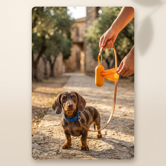 Paseo con un cachorro de teckel y el dispensador de bolsas reforzadas AMIKART