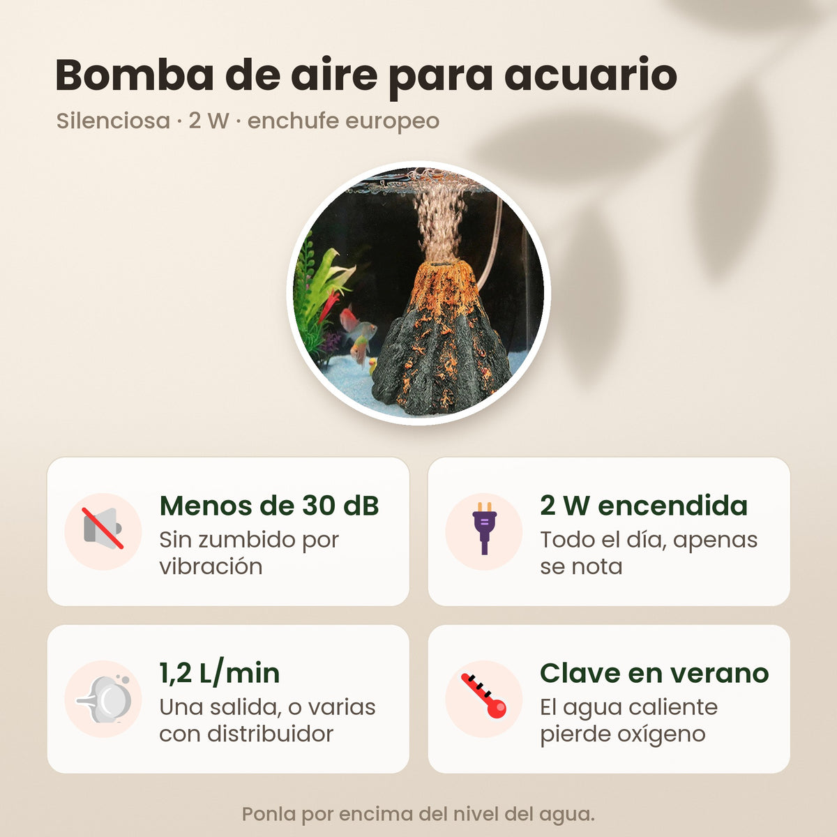 Bomba de aire para acuario: menos de 30 dB, 2 W de consumo, 1,2 L/min y más necesaria en verano