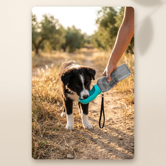 Cachorro de border collie bebiendo de la botella de agua portátil AMIKART