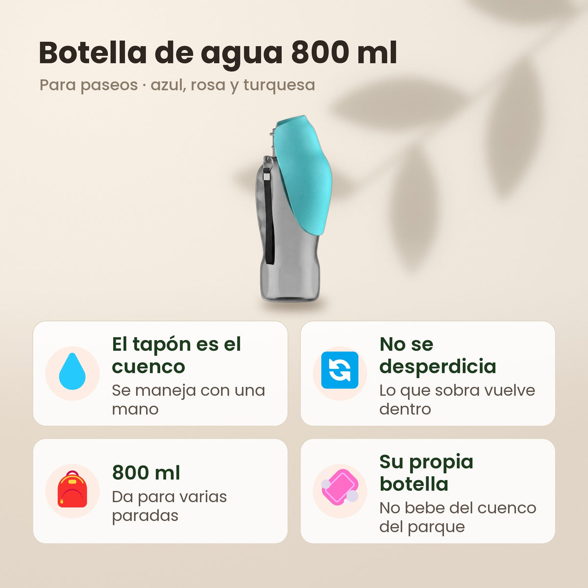 Botella de agua 800 ml: el tapón es el cuenco, lo que sobra vuelve dentro y se maneja con una mano