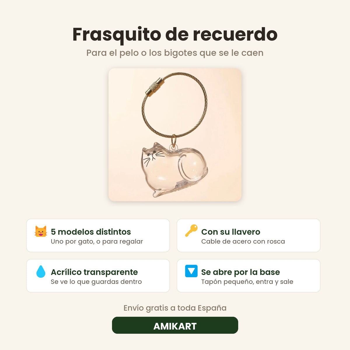 Frasquito de recuerdo: acrílico transparente, con su llavero de acero y tapón en la base