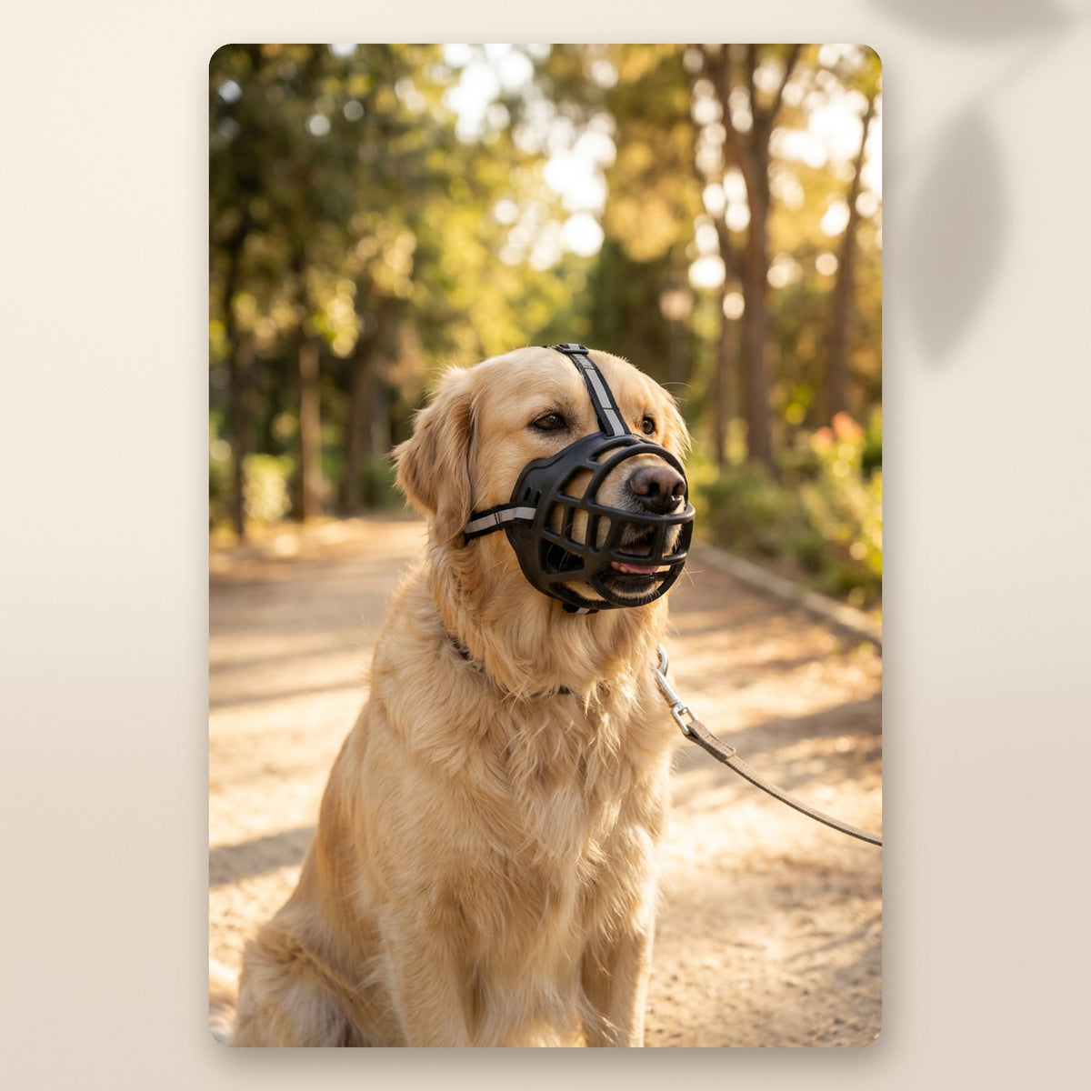 Golden retriever con el bozal de silicona tipo cesta AMIKART