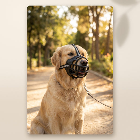 Golden retriever con el bozal de silicona tipo cesta AMIKART