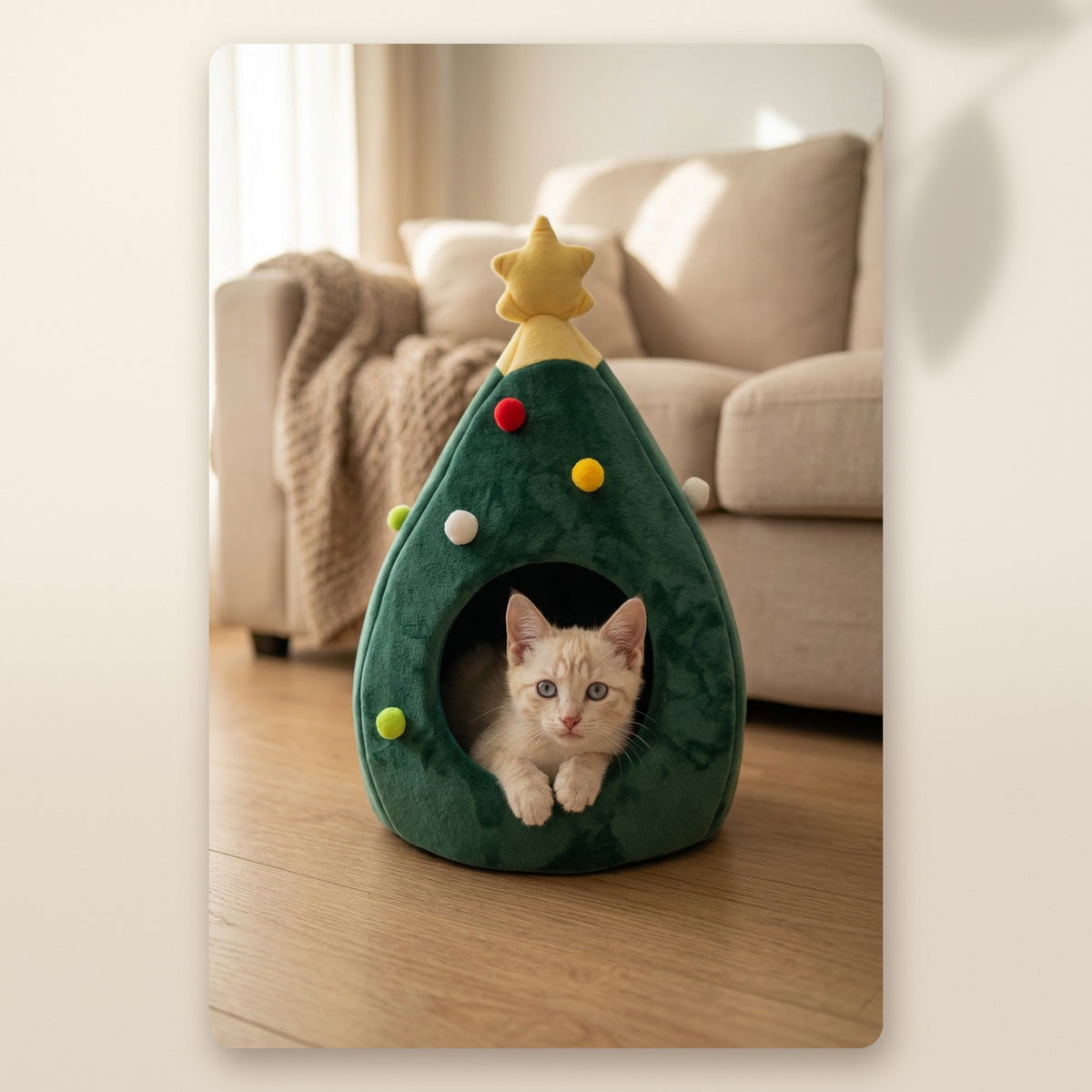 Gatito blanco asomado a la cama cueva Árbol de Navidad AMIKART