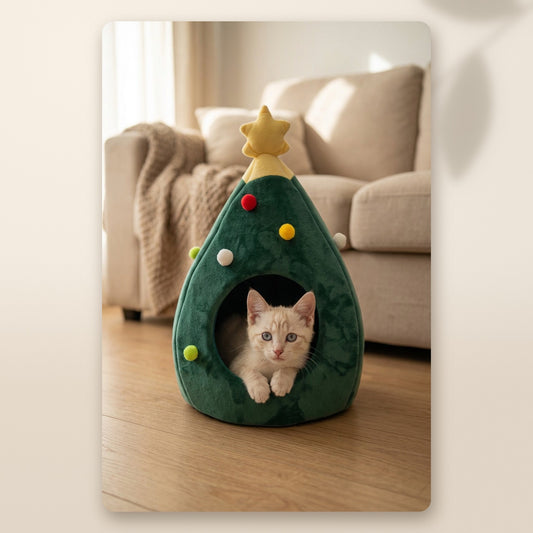 Gatito blanco asomado a la cama cueva Árbol de Navidad AMIKART
