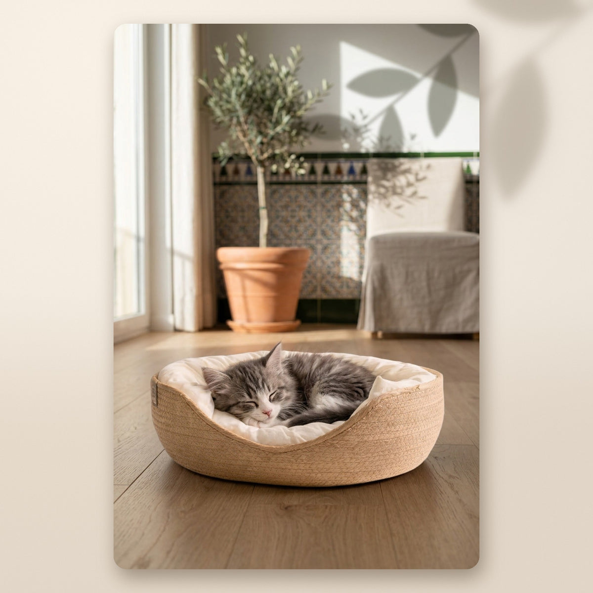 Gatito gris durmiendo en la cama cesta de cuerda tejida AMIKART